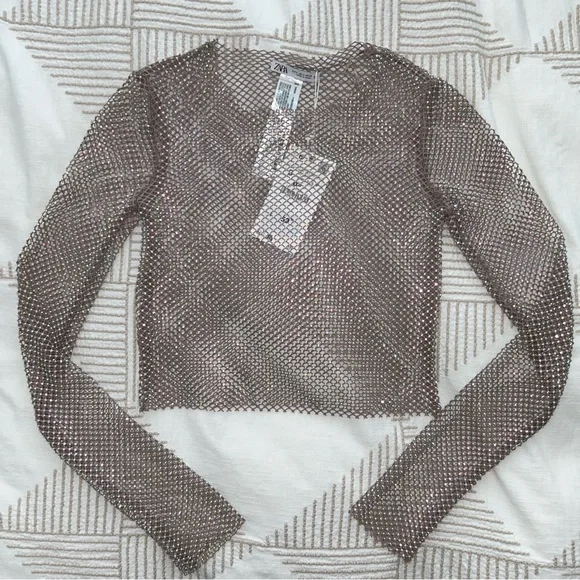 Zara Rhinestone Mesh Top NWT - Picture 5 of 9
